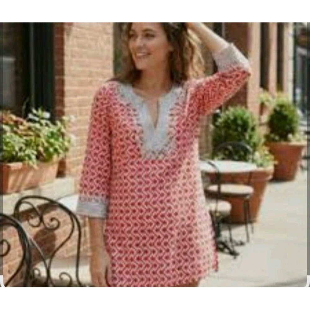 Roberta Roller Rabbit Kurta Tunic Jemima Print Metallic Embroidered Coral Med